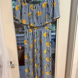 Everly Blue and White Striped romper with Yellow Floral Design